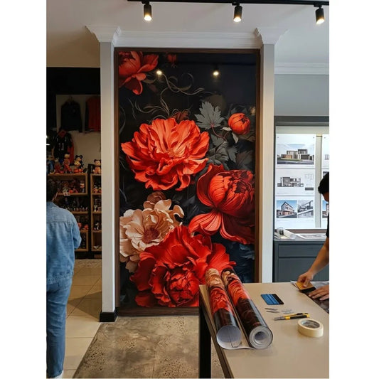 Rollo Autoadhesivo Flores Rojas Fondo Negro 1,2 x 3 m – Vinilo Decorativo para Pared - VeldorShop