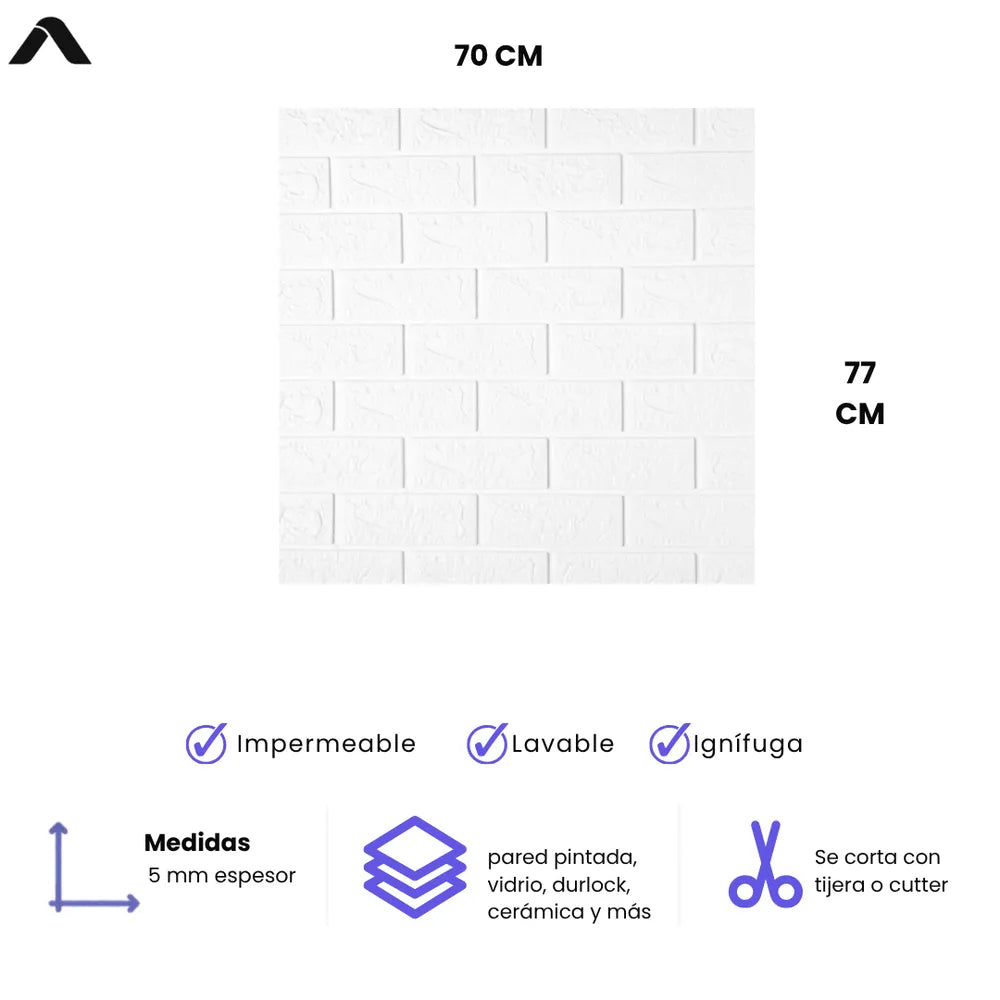 Pack x10 Placa Autoadhesiva 3D Ladrillo Blanco 70x77cm Revestimiento Pared - VeldorShop