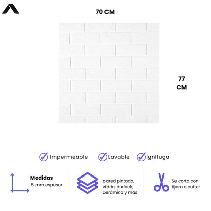 Pack x10 Placa Autoadhesiva 3D Ladrillo Blanco 70x77cm Revestimiento Pared - VeldorShop