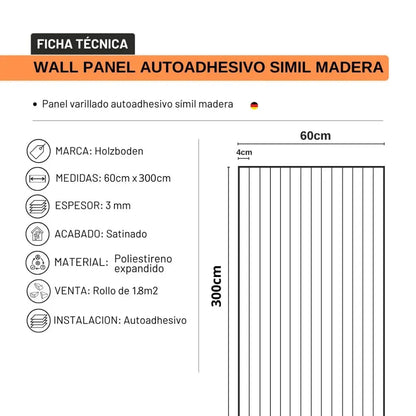 Wall Panel Autoadhesivo Símil Madera 120x300 cm – Panel Varillado 3 mm