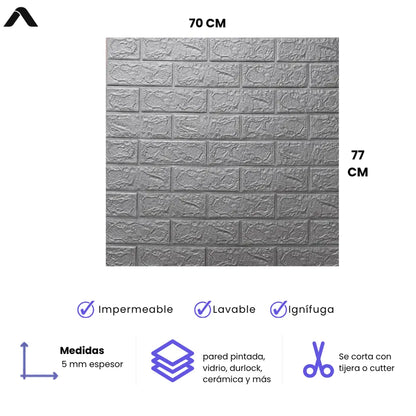 Pack 10 Placa Autoadhesiva 3D Símil Ladrillo Gris 70x77 cm – Revestimiento de Pared - VeldorShop