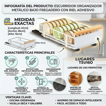 Organizador Escurridor Metálico Bajo Fregadero con Riel Extraíble (41x26x13cm) - VeldorShop