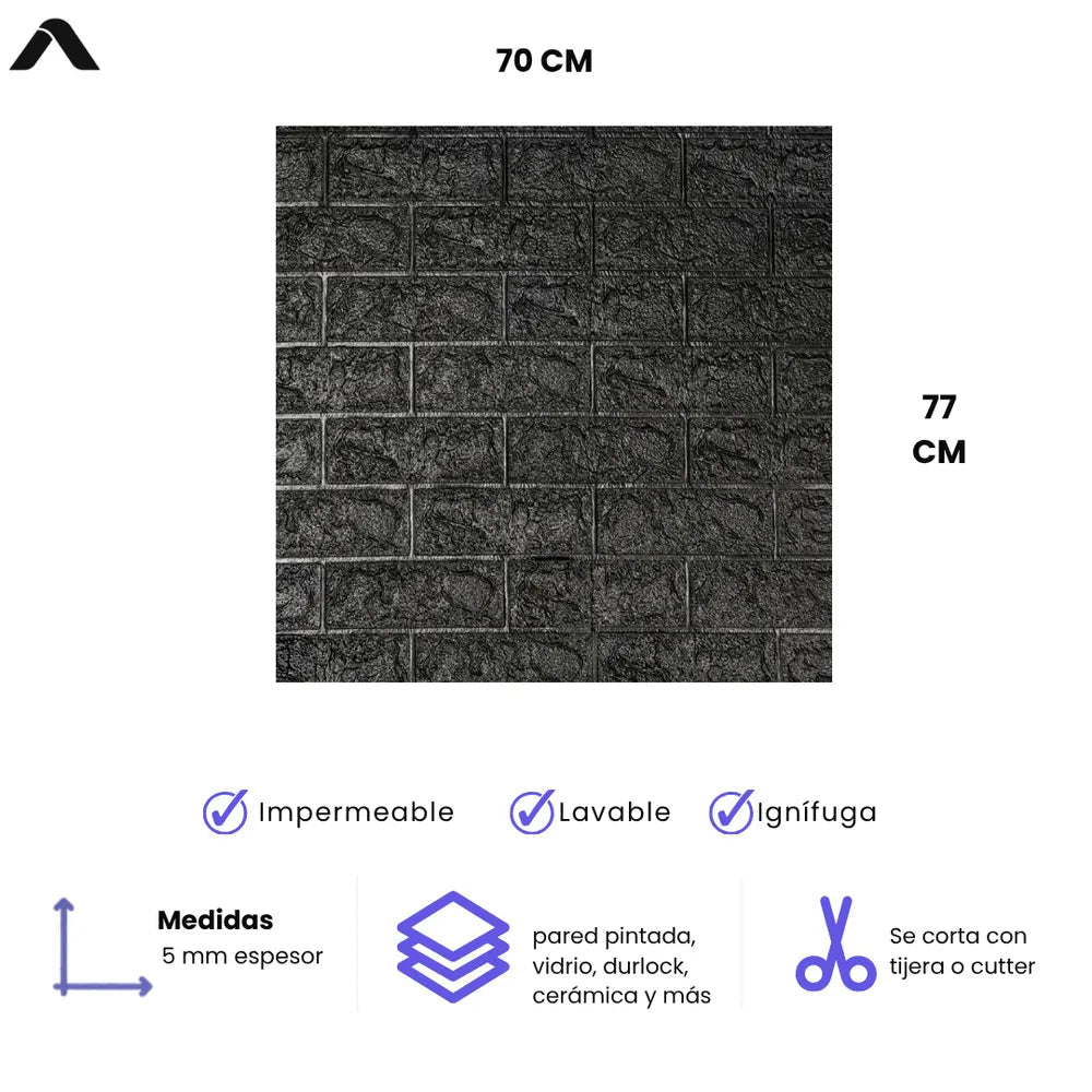 Pack x10 Placa Autoadhesiva 3D Símil Ladrillo Negro 70x77 cm – Revestimiento de Pared - VeldorShop