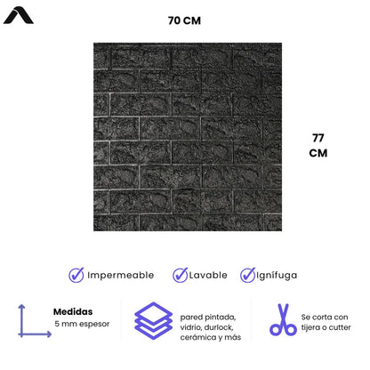 Pack x10 Placa Autoadhesiva 3D Símil Ladrillo Negro 70x77 cm – Revestimiento de Pared - VeldorShop